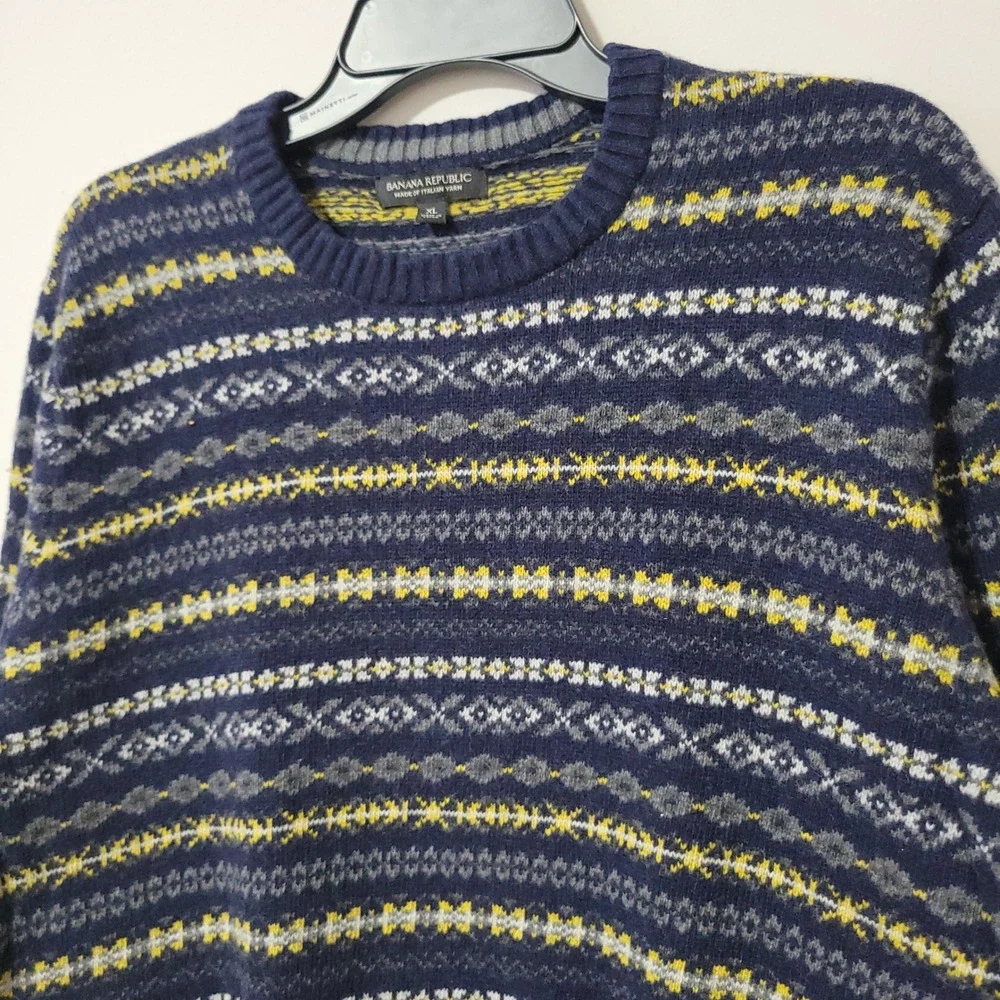 Banana Republic Sweater Mens XL Navy Fair Isle Merino Wool Crewneck Italian Yarn